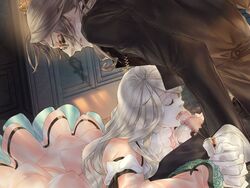 1boy blonde_hair censored clenched_teeth closed_eyes dress fellatio female formal game_cg glasses hand_holding licking long_hair open_mouth oral penis precum sweat tongue tsubasa_no_oka_no_hime rating:Explicit score:8 user:bot