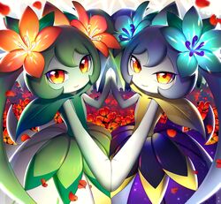  2girls blue_flower daimonkisora falling_petals flower green_hair hair_flower hair_ornament hibiscus long_hair looking_at_viewer lyleen lyleen_noct monster_girl multiple_girls orange_eyes pal_(creature) palworld petals plant_girl purple_hair red_flower red_petals twintails  rating:questionable score: user:bot