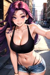 ai_generated bangs big_ass big_breasts booty_shorts bracelet city cleavage earrings jewelry long_hair makeup original_character purple_eyes purple_hair slutty_outfit smile tank_top rating:Explicit score:19 user:ilatim