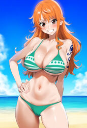  1girls ai_generated bare_arms bare_legs bare_shoulders bare_thighs big_breasts bikini blush clothed clothing color female female_focus female_only greekoai hi_res large_breasts light-skinned_female light_skin long_hair looking_at_viewer nami nami_(one_piece) one_piece orange_eyes orange_hair shounen_jump solo solo_female tagme tattoo thick_thighs  rating:explicit score: user:gigiti