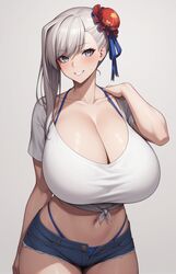 1girls ai_generated asymmetrical_hair blue_eyes booty_shorts breasts cleavage fate/grand_order fate_(series) female huge_breasts light-skinned_female light_skin long_hair midriff miyamoto_musashi_(fate) pink_hair shirt short_shorts shorts simple_background smile stable_diffusion rating:Questionable score:57 user:Aeolus_HX