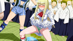 2girls blonde_hair blush breasts bucket cameltoe censored emilie_de_rochefort faceless_male hinoki humiliation kazama_asuka large_breasts long_hair multiple_boys peeing pussy tear tekken rating:Explicit score:53 user:bot