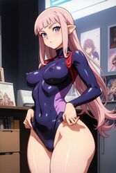  ai_generated big_butt blush bodysuit elf_female large_breasts light_skin long_hair looking_at_viewer perky_breasts pink_hair purple_eyes rimwalker  rating:explicit score: user:rimwalker