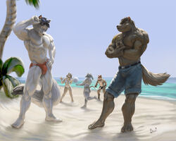 anthro banana_hammock beach belt bikini bulge canine chest_tuft clothes dog_tags female flexing fox fur furry jeans lion21 male male_focus muscles plantigrade sand seaside shorts skimpy smile speedo sunglasses swimsuit tattoo thong tree underwear volleyball wolf wood rating:Questionable score:17 user:bot