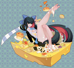  apple bad_id bad_pixiv_id bare_legs barefoot bigdog_(artist) blue_background breasts breasts_out cake cheese colored_inner_hair cream feet female food fruit grapes highres honekoneko_(psg) juliet_sleeves katana long_hair long_sleeves long_toenails medium_breasts muffin multicolored_hair nail_polish nipples panties panty_&_stocking_with_garterbelt pantyshot photoshop_(medium) puff_and_slash_sleeves puffy_sleeves sitting solo stocking_(psg) sword toenail_polish toenails two-tone_hair underwear weapon white_panties  rating:questionable score: user:bot