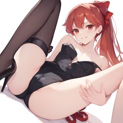  ai_generated black_heels black_leotard dearmatda high_heels kasumi_yoshizawa leotard persona persona_5 ponytail red_bow red_eyes red_hair smile spread_legs stable_diffusion sumire_yoshizawa thigh thighhighs  rating:explicit score: user:dearmatda