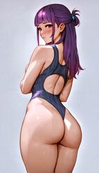  ai_generated ass ass_focus clothed embarrassed fern_(sousou_no_frieren) from_behind holding_hands purple_eyes purple_hair shorts shy sousou_no_frieren throbberino young  rating:explicit score: user:throbberino