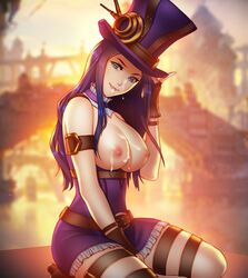 absurdres areolae big_breasts breasts caitlyn_kiramman clothing cum cum_on_breasts cum_on_face female female_only highres large_breasts league_of_legends long_hair looking_at_viewer nipples pinkladymage solo rating:Explicit score:156 user:justausername