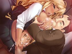 blonde_hair blush body_writing breast_sucking breasts chikan cum cum_on_clothes dark_skin gyaru handjob ishii_akira kuro_gyaru lactation large_breasts miel nipples penis pregnant rating:Explicit score:13 user:bot