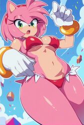  ai_generated amy_rose anthro ashaa bikini bra breasts curvy furry green_eyes low-angle_view pink_body pink_fur red_bikini sega sonic_(series) sonic_the_hedgehog_(series) thick_thighs tight_clothing  rating:questionable score: user:ashaa