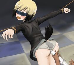 1girls animal_tail ass blindfold blonde_hair blush bondage clothing enema enema_syringe erica_hartmann femsub flat_chest gag panties rope strike_witches sweat syringe tape tape_gag thighs yamija rating:Explicit score:43 user:bot