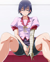 bakemonogatari bandage bandages bike_shorts black_hair blush brown_eyes fingering kanbaru_suruga masturbation monogatari_(series) nisemonogatari panties panties_aside purple_hair pussy shino_(comic_penguin_club) short_hair shorts shorts_pull sitting solo spread_legs sweat tongue underwear v rating:Explicit score:58 user:bot