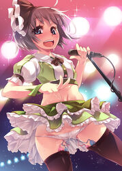 :d adapted_costume black_legwear blue_eyes blush hair_ribbon hairband highres holding idol looking_at_viewer lowleg lowleg_panties microphone microphone_stand midriff open_mouth panties pussy_juice pussy_juice_drip remote_control_vibrator ribbon short_hair silver_hair skirt smile soine solo sparkle thighhighs touhou underwear vibrator vibrator_under_panties wet_panties white_panties wind_lift wrist_cuffs youmu_konpaku rating:Explicit score:42 user:bot