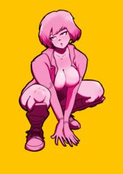 1girls big_breasts flashing_breasts gwen_poole gwenpool kneeling looking_at_viewer marvel simple_background solo_female solo_focus rating:Explicit score:11 user:AHornArt