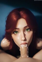  ai_generated face_focus fellatio green_eyes looking_at_viewer nai_diffusion oral pov pujopg realistic red_hair small_penis starfire teen_titans  rating:explicit score: user:pujopg