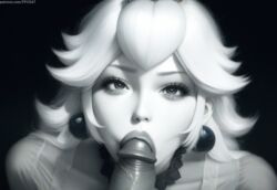  ai_generated bangs black_and_white dress earrings face_focus fellatio looking_at_viewer mario_(series) nai_diffusion oral pov princess_peach pujopg sidelocks torogao  rating:explicit score: user:pujopg