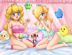 1boy 2girls barefoot big_breasts blue_eyes blush breasts coin crown cute earrings feet female funnel glass green_eyes hair_over_one_eyes human ice ice_cube kneeling large_breasts lingerie luma mario_(series) nail_polish nintendo pajamas panties prank princess_peach princess_rosalina sigurdhosenfeld sitting socks strap_slip super_mario_galaxy thong toad_(mario) underwear wariza water wet wet_panties yokozuwari yuri rating:Questionable score:190 user:Flaminguy