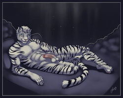 2012 anthro balls bed black blue_eyes claws clouds feline feralise flaccid fur furry hair hindpaw humanoid_penis looking_at_viewer lying male male_only nude paws penis pink_nose pose short_hair siberian_tiger sky smile solo stars stripes tiger white_fur white_hair rating:Explicit score:6 user:bot