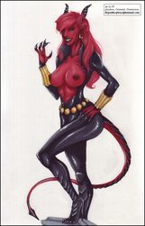  1girls black_widow_(marvel) bodysuit breasts breasts_out claws demon demon_girl female female_only fit fit_female horns marvel marvel_comics natasha_romanoff nipples red-skinned_female red_hair red_skin smile succubus unzipped unzipped_bodysuit vp vp1940  rating:explicit score: user:claw