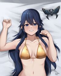 1girls alternate_costume armpits azure_monarch bare_arms bare_midriff bikini blue_eyes blue_hair female female_only fire_emblem fire_emblem_awakening gold_bikini gold_swimsuit grin long_hair lucina_(fire_emblem) mask medium_breasts midriff nintendo smile solo swimsuit symbol-shaped_pupils upper_body yellow_bikini yellow_swimsuit rating:Questionable score:14 user:kris923