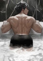  ass ass_focus back_view bath bathroom bubble_ass bubble_butt censored genshin_impact male male_focus male_only muscular muscular_male panditati wriothesley_(genshin_impact)  rating:safe score: user:panditati_