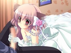 animal_ears blush breasts bridal_veil censored cleavage collar flower game_cg hair hairbow handjob huge_cock jewelry penis pink_eyes pink_hair rpg_gakuen wedding_dress rating:Explicit score:10 user:bot