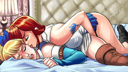 absurdres bed blonde_hair blush breasts charm_(spell) closed_eyes erza_scarlet fairy_tail female_only fingering groping large_breasts licking long_hair love_potion lucy_heartfilia miniskirt multiple_girls psicoero red_hair sex sexuality_change side_ponytail skirt sweat tattoo tongue yuri rating:Explicit score:26 user:nutshacker69