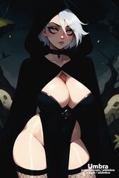  1girls ai_generated aiumbra cloak goth goth_girl high_resolution highres hood large_breasts pelvic_curtain red_eyes self_upload stable_diffusion thick_thighs white_hair  rating:questionable score: user:aiumbra