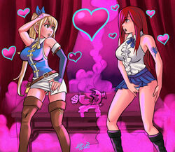 absurdres blonde_hair blush boots breasts brown_eyes charm_(spell) clothed erza_scarlet fairy_tail female_only femsub hair_covering_one_eye heart hypnotic_gas large_breasts lesbianization long_hair love_potion lucy_heartfilia masturbation miniskirt multiple_girls multiple_subs psicoero red_hair sexuality_change side_ponytail skirt straight_to_gay tattoo thighhighs yuri rating:Explicit score:17 user:nutshacker69