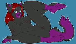 anthro anus breasts canine female fur furry hair inviting looking_at_viewer nude pinup pitu purple_hair pussy red_hair solo rating:Explicit score:1 user:bot