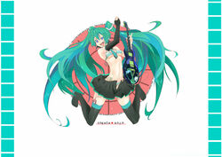 blue_eyes blue_striped_panties boots bra bridal_gauntlets electric_guitar fuyunohajime green_hair guitar hatsune_miku highres instrument long_hair money navel necktie open_mouth panties skirt solo striped striped_bra striped_panties thigh_boots thighhighs tied_hair twintails underwear very_long_hair vibrator_in_thighhighs vocaloid rating:Explicit score:10 user:bot