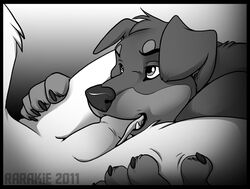  black_and_white canine_penis fellatio looking_at_partner monochrome oral oral_sex penis rarakie sex  rating:explicit score: user:bot