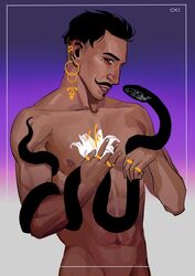  1boy abs bara beauty_mark biceps black_hair dark-skinned_male dark_hair dark_skin dorian_pavus dragon_age dragon_age_inquisition earrings facial_hair flower gay_male holding_snake human jewelry josh_lanceero looking_at_viewer mage male male_only mole moustache muscles muscular muscular_male nipples pecs ring rings shirtless shirtless_male smile smiling snake snake_ornament solo solo_male standing standing_position video_games  rating:questionable score: user:priape