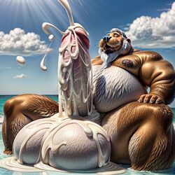  1boy ai_generated akumabearai anthro balls beach beard big_balls big_penis brown_fur clouds cum cum_explosion cum_on_balls cum_on_ground cum_on_penis cum_pool dilf enormous_testicles excessive_cum huge_balls huge_testicles hyper_balls hyper_cum hyper_penis looking_pleasured male male_only mammal mature_male ocean orgasm penis pinniped sea sitting sky stable_diffusion testicles walrus water white_beard white_fur white_hair  rating:explicit score: user:akumabearai