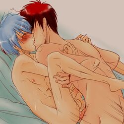 2boys anal blue_hair blush bottomless closed_eyes gay kagami_taiga kissing kuroko_no_basuke kuroko_tetsuya leg_lift male multiple_boys nude red_hair saliva sweat topless yaoi rating:Explicit score:5 user:bot