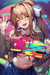  1girls :d against_glass ai_generated aimoonshine blue_skirt blush breast_press breasts breasts_on_glass brown_hair censored clothes_lift doki_doki_literature_club female female_only glitch green_eyes jacket large_breasts long_hair long_sleeves looking_at_viewer monika_(doki_doki_literature_club) navel open_mouth pleated_skirt ponytail ribbon school_uniform shirt_lift skirt smile solo stomach white_ribbon  rating:questionable score: user:aimoonshine