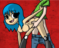  blue_hair breasts doggy_style mskneesocksu partial_male ramona_flowers scott_pilgrim scott_w_pilgrim  rating:explicit score: user:mskneesocksu