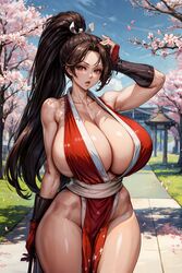 ai_generated biceps big_breasts bow breasts brown_eyes brown_hair cherry_blossoms cleavage fingerless_gloves hand_on_head hips huge_breasts king_of_fighters kunoichi long_hair looking_at_viewer mai_shiranui ninja open_mouth outdoors outside ponytail sideboob snk stable_diffusion tampopo thick_thighs thighs rating:Questionable score:98 user:Tampopo