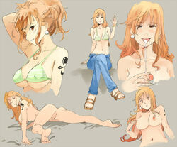 1girls alternate_hairstyle ass bikini breasts cleavage cum cum_in_mouth cum_on_mouth feet female female_focus jewelry kenshin187 legs_crossed long_hair looking_at_viewer lying male nami navel nipples nude one_piece orange_hair penis pussy sandals sitting smile solo swimsuit tattoo toes uncensored rating:Explicit score:98 user:bot