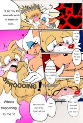 anthro anus balls bat big_breasts blue_eyes blush breasts canine cleavage comic dialog english_text erection female fox hair huge_breasts kiss_mark male mammal michiyoshi orange_hair penis rouge_the_bat sega smile sonic_(series) tails text white_hair wings rating:Explicit score:47 user:bot