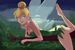 barefoot blonde_hair blue_eyes bottomless breasts disney disney_fairies dress fairy fairy_wings hair_bun looking_up lying night nipple on_front one_nipple_out outdoors outside peter_pan_(disney) polyle smile smiling tinker_bell wings rating:Questionable score:60 user:bot