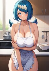  1girls ai_generated apron apron_only big_breasts blue_eyes blue_hair blush breasts freckles hair_ornament kitchen lana's_mother_(pokemon) looking_at_viewer mature_female milf nintendo pokemon pokemon_sm sfcprojunior tied_hair  rating:questionable score: user:bot