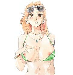 1girls bikini bikini_top blush breasts eyewear_on_head female female_only kenshin187 nami nipples one_piece orange_hair pointy_chin solo sunglasses sunglasses_on_head tattoo topless undressing rating:Explicit score:38 user:bot