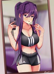 1female 1girls 5_fingers accurate_art_style bare_shoulders bra breasts bruuno bruunoscp cleavage collarbone doki_doki_literature_club female girl healed_cuts healed_scars holding_phone long_hair midriff mirror mirror_reflection mirror_selfie navel phone purple_eyes purple_hair selfie shorts sports_bra sports_shorts sportswear sweat sweating thighs yuri_(doki_doki_literature_club) rating:Questionable score:56 user:Animeanimation83