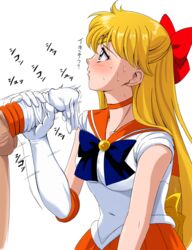 1boy absurdres afterimage bishoujo_senshi_sailor_moon blonde_hair blue_bow blush bow breasts choker clothed_female_nude_male clothing collarbone covered_navel cum_in_gloves earrings elbow_gloves female glove_on_penis gloved_handjob glovejob gloves gloves_removed hairbow handjob highres jewelry long_hair looking_at_another medium_breasts motion_lines nude orange_choker orange_skirt orgasm out_of_frame partial_male penis penis_in_glove profile red_bow ribbon sailor_collar sailor_venus simple_background single_elbow_glove single_glove skirt small_breasts sound_effects sweat takatsuki_p testicles tiara twitching twitching_penis unworn_gloves white_background white_gloves yellow_bow rating:Explicit score:49 user:bot