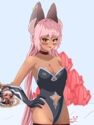  assarigi black_body breasts bunny_tail bunnysuit busty dark-skinned_female dark_skin facial_mark facial_markings female female_focus female_only guardian_tales ice_witch_lupina_(guardian_tales) kemonomimi long_hair lupina_(guardian_tales) medium_breasts piercing pink_hair tongue tongue_out twintails white_hair wolf wolf_ears wolf_girl yellow_eyes  rating:questionable score: user:nameless903