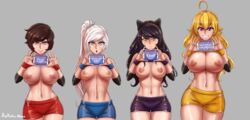 4girls abs absurd_res aestheticc-meme ahoge areolae artist_name big_breasts black_hair blake_belladonna blonde_hair blue_eyes breasts breasts_apart brown_hair clothing coloured english_text fanart faunus female female_only grey_eyes gym_uniform hair hair_ribbon hourglass_figure huge_breasts human large_breasts long_hair looking_at_viewer navel nipples no_bra ponytail presenting presenting_breasts purple_eyes ruby_rose rwby shorts signature silver_eyes simple_background smile sportswear team_rwby text thigh_gap thighs thighs_together topless topless_female watermark weiss_schnee white_hair wide_hips yang_xiao_long yellow_eyes rating:Questionable score:420 user:Quarks