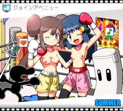 2girls boxing boxing_gloves boxing_ring boxing_shorts crossover cute dawn_(pokemon) duo female game_and_watch gloves light-skinned_female light_skin mr._game_and_watch nintendo one_eye_closed open_mouth pink_boxing_gloves pink_gloves pokemon pokemon_bw2 pokemon_dppt rorretsim rosa_(pokemon) sandbag sandbag_(super_smash_bros.) small_breasts smile super_smash_bros. tagme topless white_boxing_gloves white_gloves wink rating:Explicit score:17 user:bot