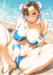 anklet areolae beach big_breasts bikini bracelet breasts brown_eyes brown_hair busty capcom chun-li cleavage erect_nipples female female_focus female_only hourglass_figure nipples ojo_(dfreak) outdoors outside pose posing sitting street_fighter sweat tagme wide_hips rating:Explicit score:186 user:rohald