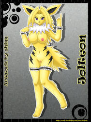 4_toes 5_fingers anthro barefoot black_fur black_nose breasts claws closed_mouth color female female_only front_view fur furry furry_breasts furry_ears furry_tail gijinka hair humanized humanoid jolteon long_hair looking_at_viewer nipples nude on_one_foot open_eyes pink_nipples pointing pointy_ears pokemon purple_eyes shinn smile solo species_name tail vulva yellow_fur yellow_hair rating:Explicit score:18 user:bot